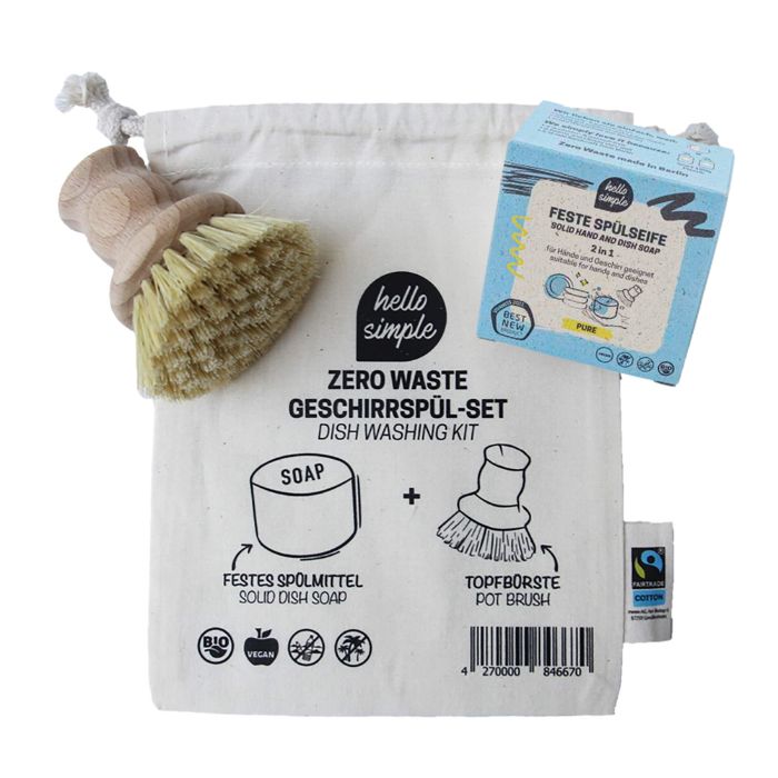 Zero Waste Geschirrspül-Set mit Topfbürste und fester Spülseife. Vegan, regional und plastikfrei.