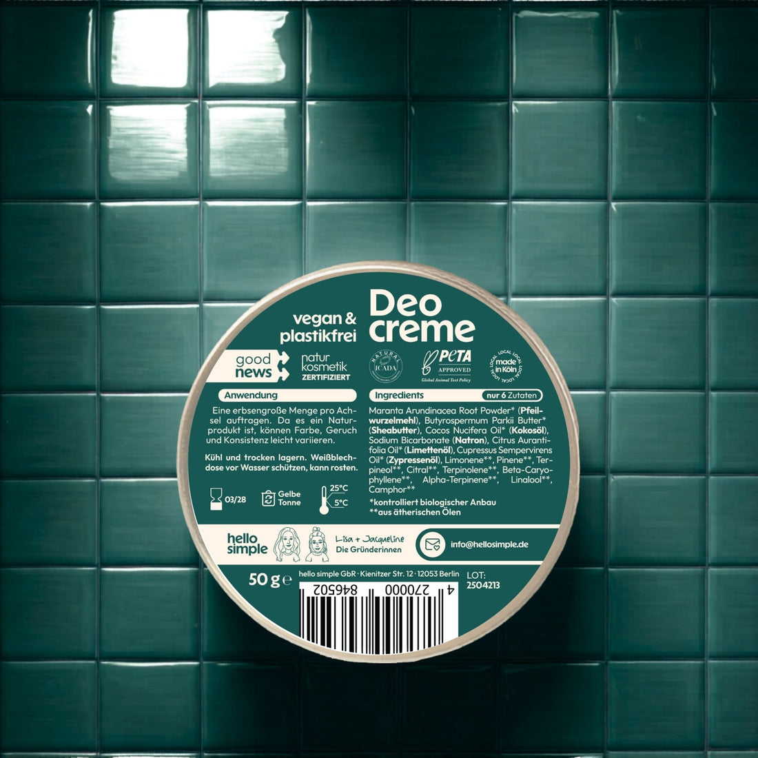 Deocreme Limette Zypresse – veganes Natron‑Deo, aluminiumfrei, plastikfrei, Naturkosmetik im Weißblech-Tiegel.