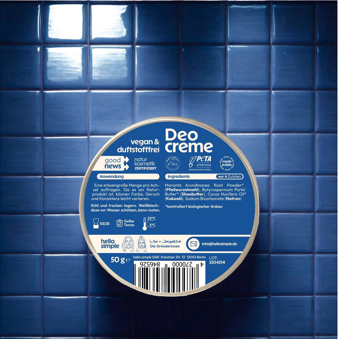 Deo ohne Duftstoffe,  vegane Deocreme, ohne Aluminium, ohne Plastik, Naturkosmetik aus Köln.