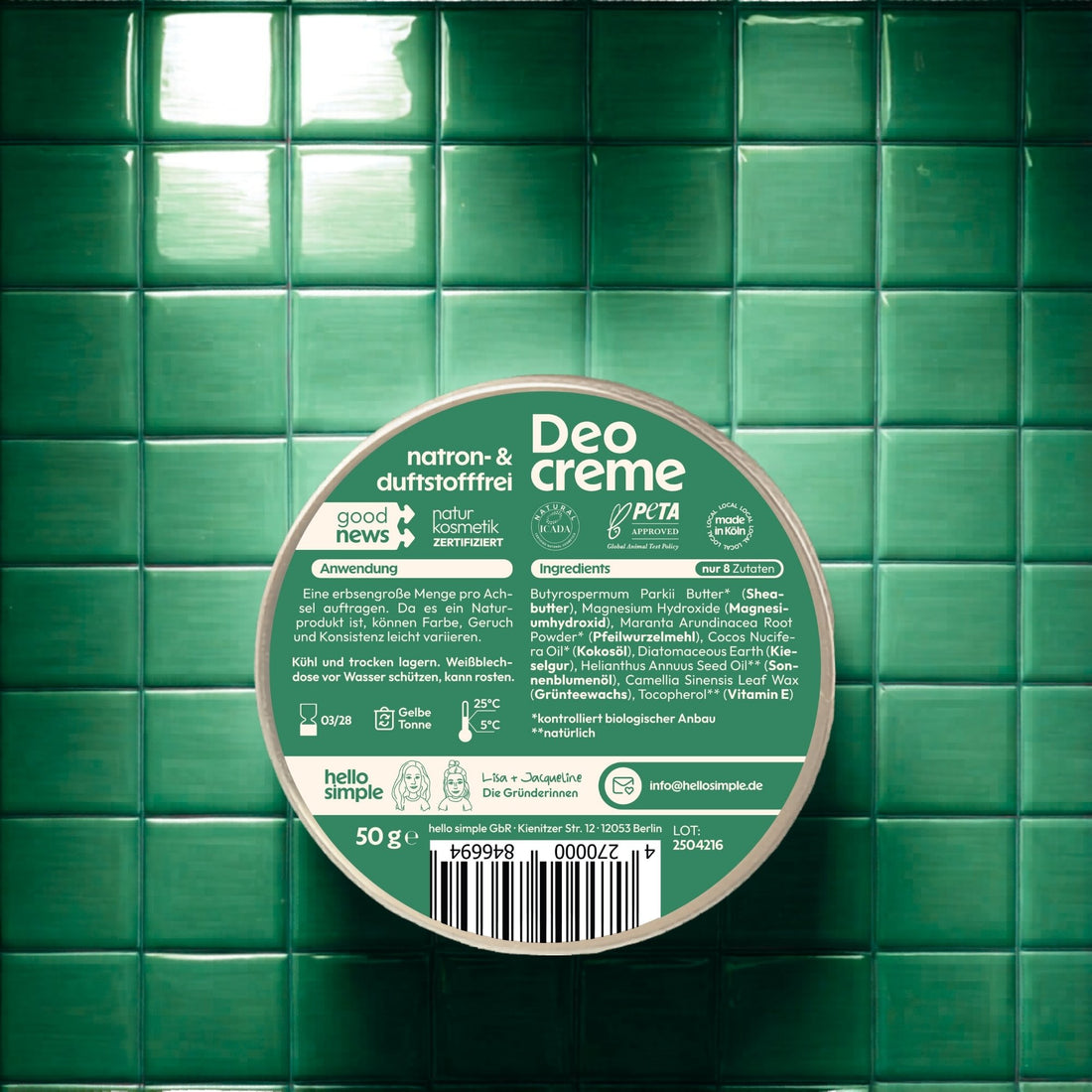 Deo ohne Natron, Deo ohne Duftstoffe,  vegane Deocreme, ohne Aluminium, ohne Plastik, Naturkosmetik aus Köln.
