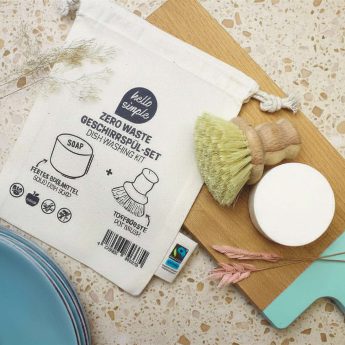 Geschirrspül-Set mit Fester spülseife Pure ohne Duftstoffe und Topfbürste aus Holz, plastikfrei, vegan, ohne Palmöl
