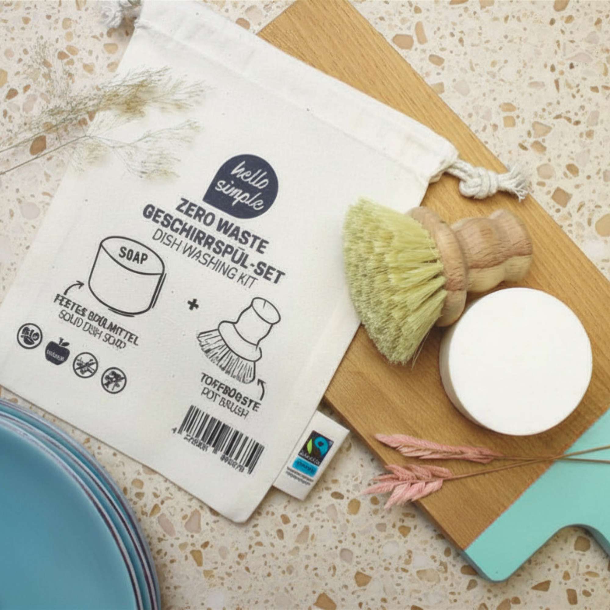 Geschirrspül-Set mit Fester spülseife Pure ohne Duftstoffe und Topfbürste aus Holz, plastikfrei, vegan, ohne Palmöl