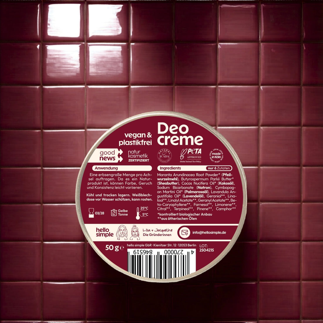 Deocreme Lavendel Palmaroda – veganes Natron‑Deo, ohne Aluminium, ohne Plastik, Naturkosmetik aus Köln.