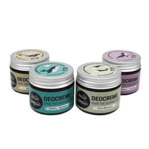 4er-Set Deocreme: Natural, Limette-Zypresse, Grüne Mandarine & Palmarosa-Lavendel. Vegan, bio, aluminiumfrei und Zero Waste Deos im Glastiegel.