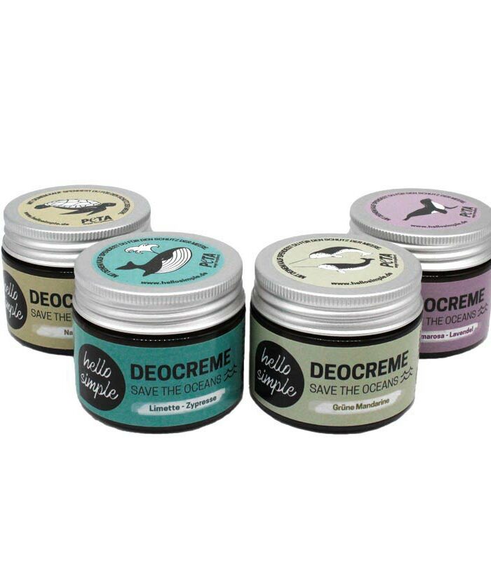 4er-Set Deocreme: Natural, Limette-Zypresse, Grüne Mandarine & Palmarosa-Lavendel. Vegan, bio, aluminiumfrei und Zero Waste Deos im Glastiegel.