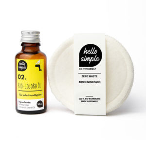 Zero Waste Abschmink-Set mit fünf Biobaumwoll Pads und Jojobaöl