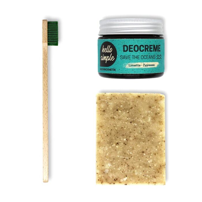 Zero Waste Badezimmer - Starter Set - Fresh für deine nachhaltige Körperpflege mit Frischekick. Das Set beinhaltet eine Holz-Zahnbürste, unsere Deocreme Limette-Zypresse und unsere Haarseife Melisse.