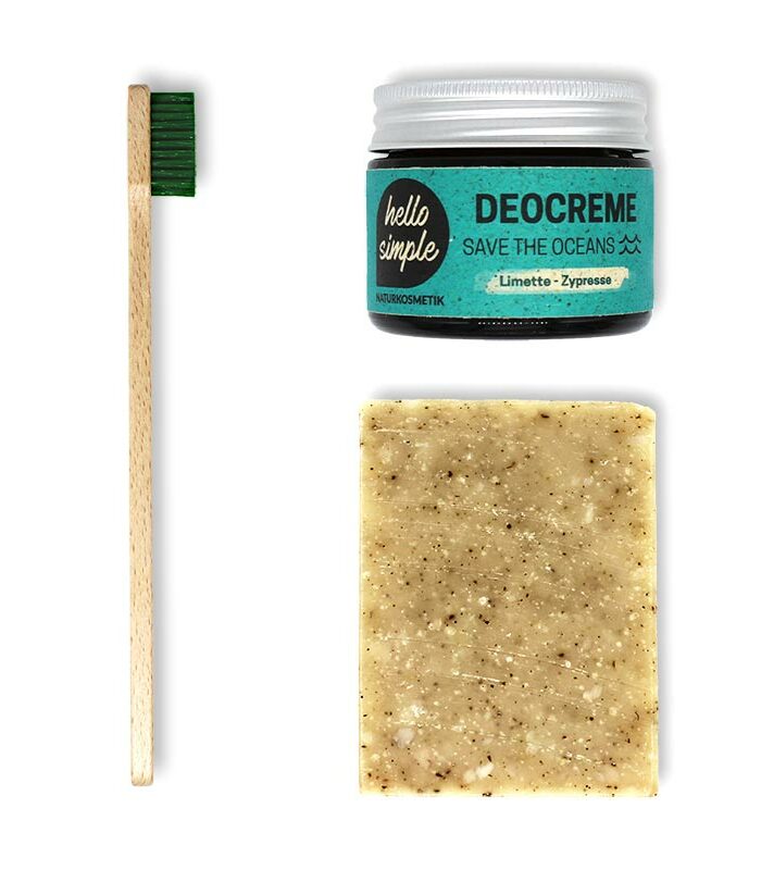 Zero Waste Badezimmer - Starter Set - Fresh für deine nachhaltige Körperpflege mit Frischekick. Das Set beinhaltet eine Holz-Zahnbürste, unsere Deocreme Limette-Zypresse und unsere Haarseife Melisse.